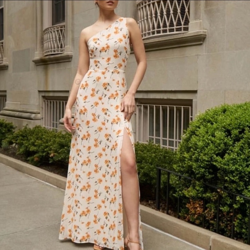 Reformation Evelyn One Shoulder Full Length Side Slit  Dress in Limonada, NWT, 6
